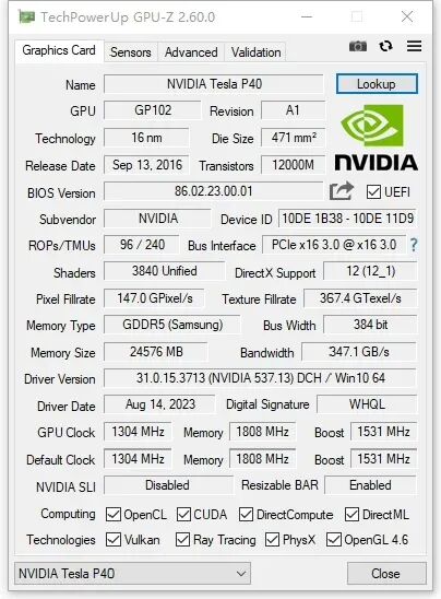 GPU-Z检测NVIDIA Tesla P40显卡参数界面