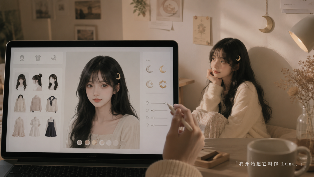 用户在电脑上定制AI产品Luna的形象，配文「我开始把它叫作Luna.」
