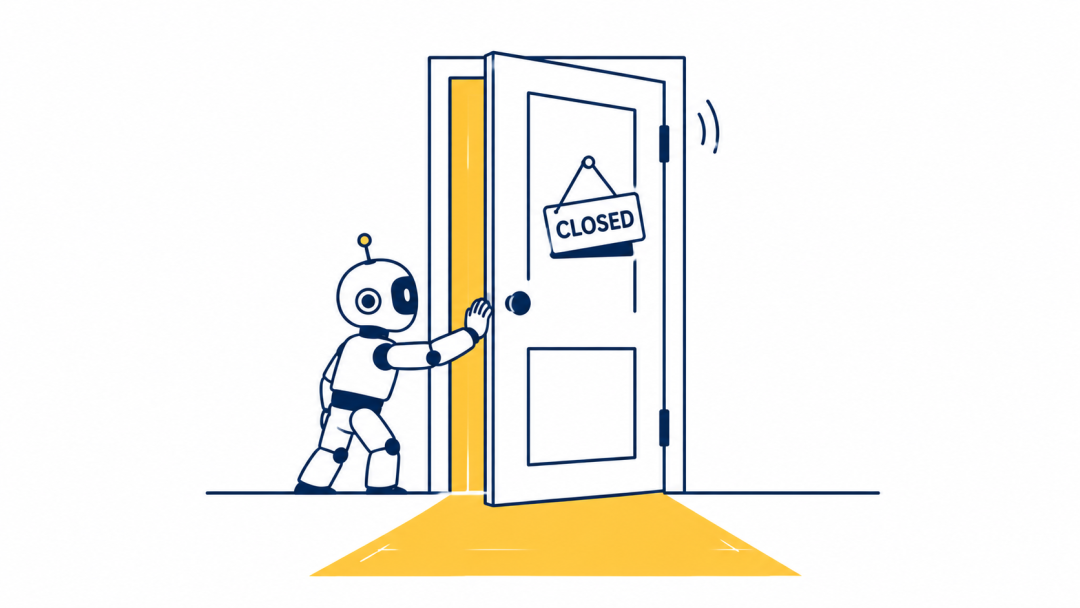 机器人推开挂有“CLOSED”标识的门的创意插画